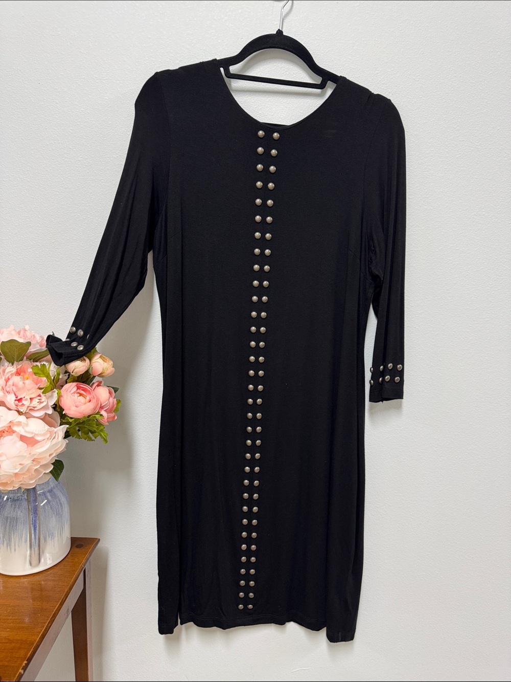 Black Stud-Trim Long Sleeve Dress